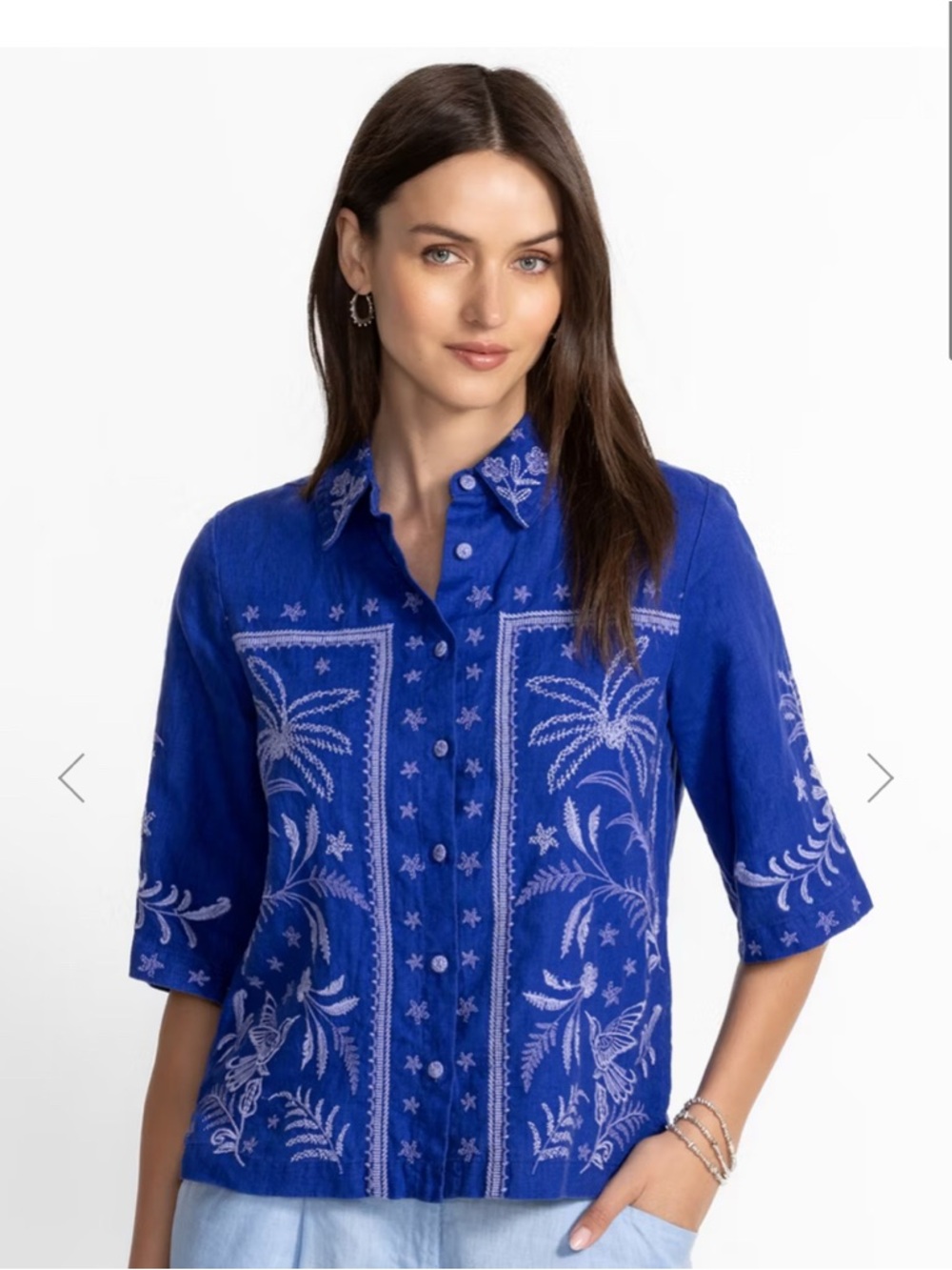 Johnny Was Embroidered linen Button-Front Women's Top in Royal Blue